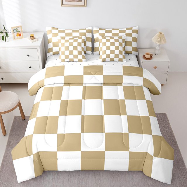 Erosebridal Check Plaid Bedding Sets Twin Size, Geometric Comforter Sets with Sheets, Farmhouse Gingham Reversible Bedding Twin Size, Microfiber Room Decor, 7 Pieces