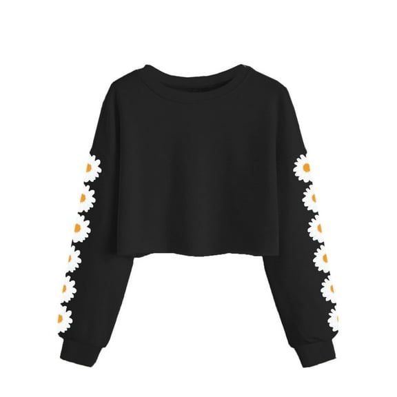 Xyxonk Girls Long Sleeve Shirt Trendy Cute Daisy Prints Crop Tops Size 10-12 Fall Cute Shirt Kids Crew Neck T-shirts Girls Crop Tops Tween Girls Clothes Black 120