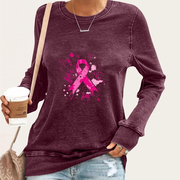 Craaazy Womens T Shirts Breast Cancer Shirt Casual Loose Crewneck Long Sleeve Pullover Pink Ribbon Awareness Comfy Tops Gifts