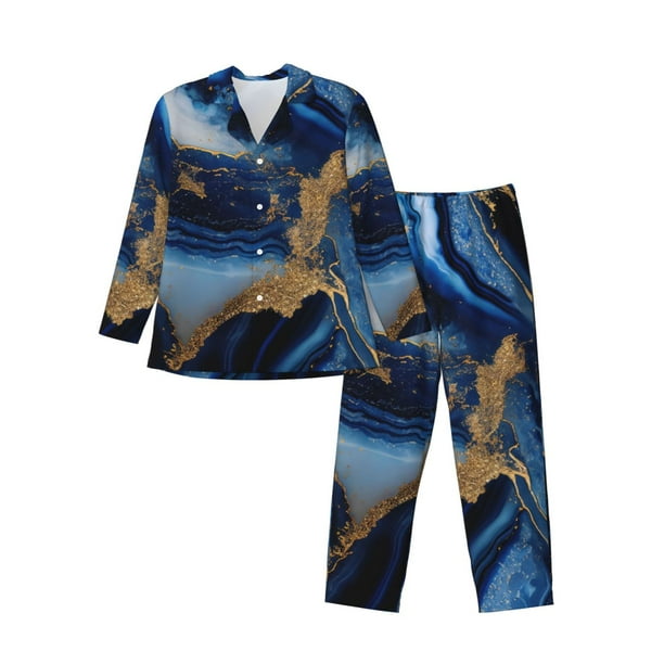 Balery Navy Blue Marble Pijama para Hombre de Dos Piezas con Manga Larga, Conjunto de Dormir y Descanso Suave con Bolsillos-Large