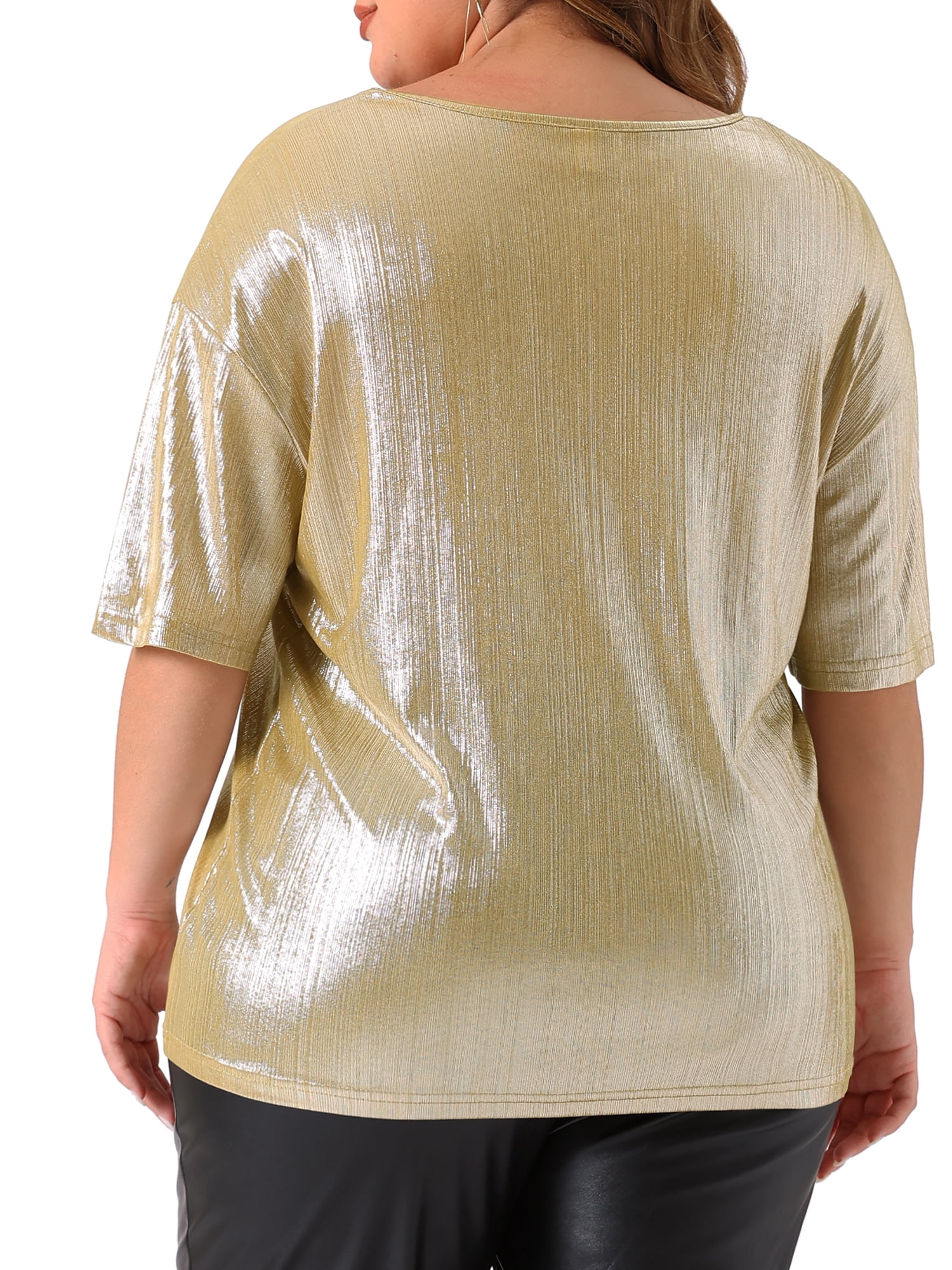 DARING DIVA Women's Plus Size Metallic Round Neck Short Sleeve Blouses 1X Champagne