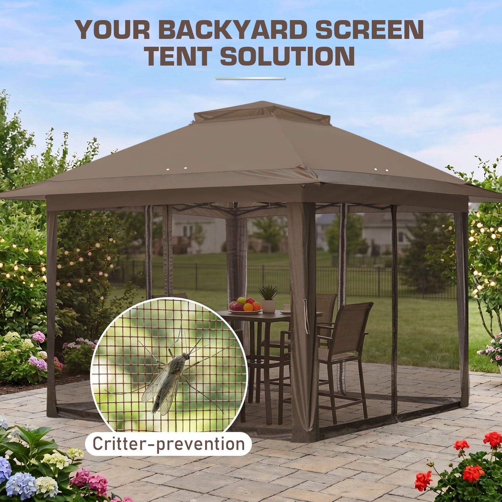 EAGLE PEAK 13x13 Pop Up Gazebo with Mesh Netting, Easy Up Screened Canopy for Patio and Backyard (Brown)
