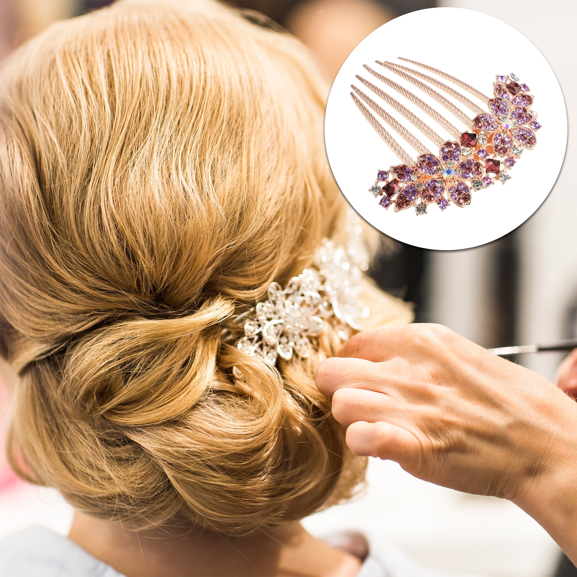 Unique Bargains Women Rhinestone Inlaid Flower Hair Comb Purple