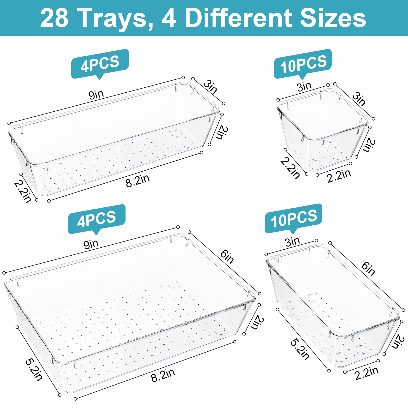 28 PCS Clear Plastic Stackable Drawer Organizer Bins, Multi-Size Drawer Vanity Organizers for Cosmetics, Jewelry Home Storage