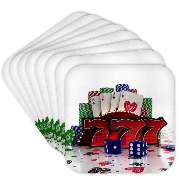 3dRose, Casino concept with poker cards chips dice and slot style sevens, set of 8 Coasters - Soft