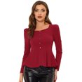 thumbnail image 1 of INSPIRE CHIC Blouse à Encolure Carrée pour Femme, Boutons devant, Basque, Tricot, Manches Longues, Rouge, P, 1 of 4