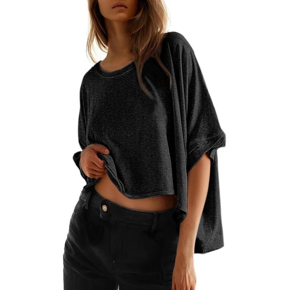 LEKODE Womens Summer Blouse Crewneck Basics Casual Work Tees Vintage Tshirts Loose Dressy Casual Tops Dressy Casual Short Sleeve Shirts Outfits Beach Vacation Clothes Black L