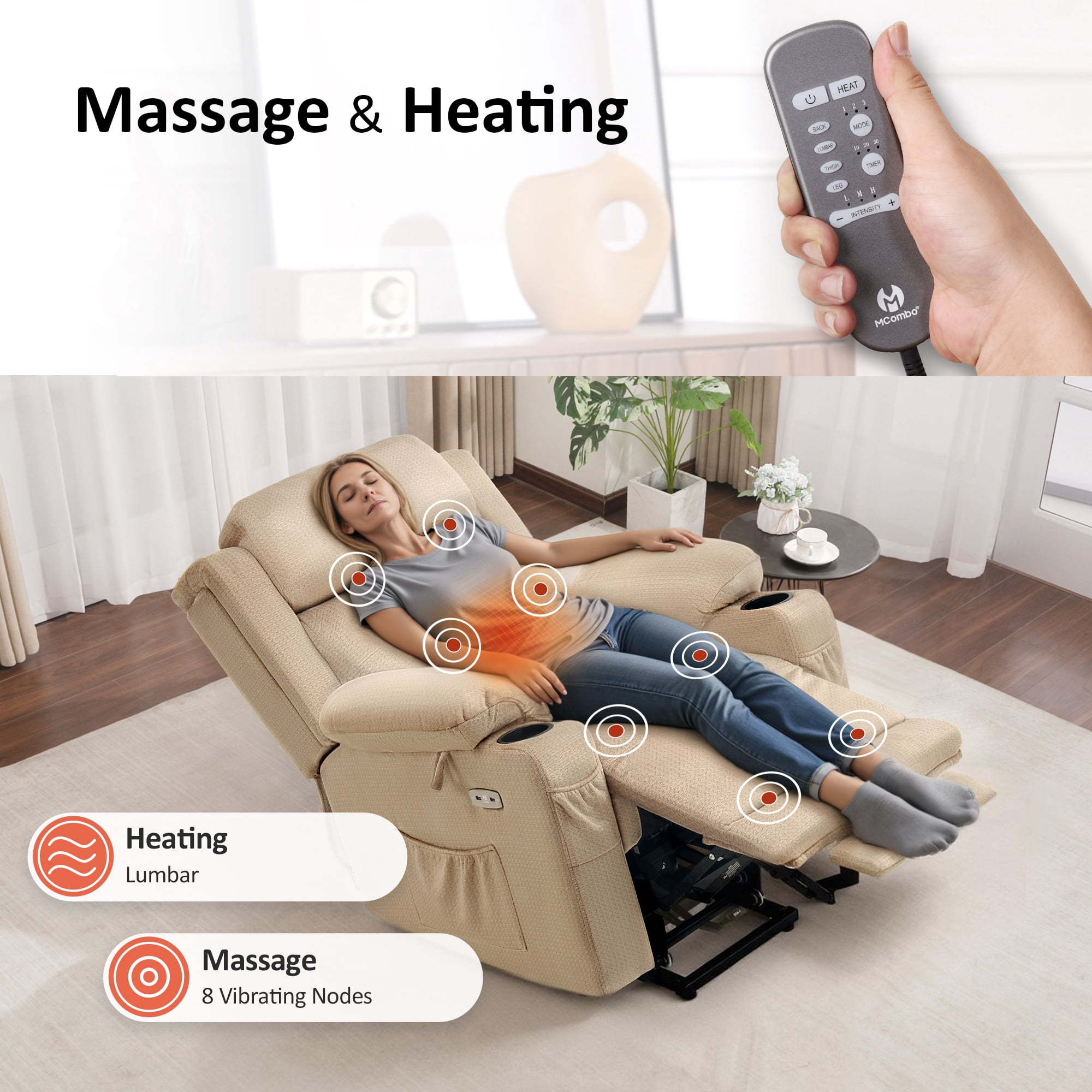 MCombo Lay Flat Triple Motor Power Lift Recliner for Big and Tall, Adjustable Headrest, Fabric(Beige)