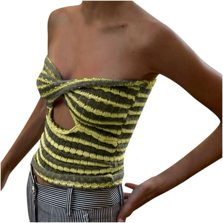 

Strapless Hollow Out Knitting Vest for Women Sleeve Breast Wrap Striped Tube Top V Neck Sexy Bandeau Tops