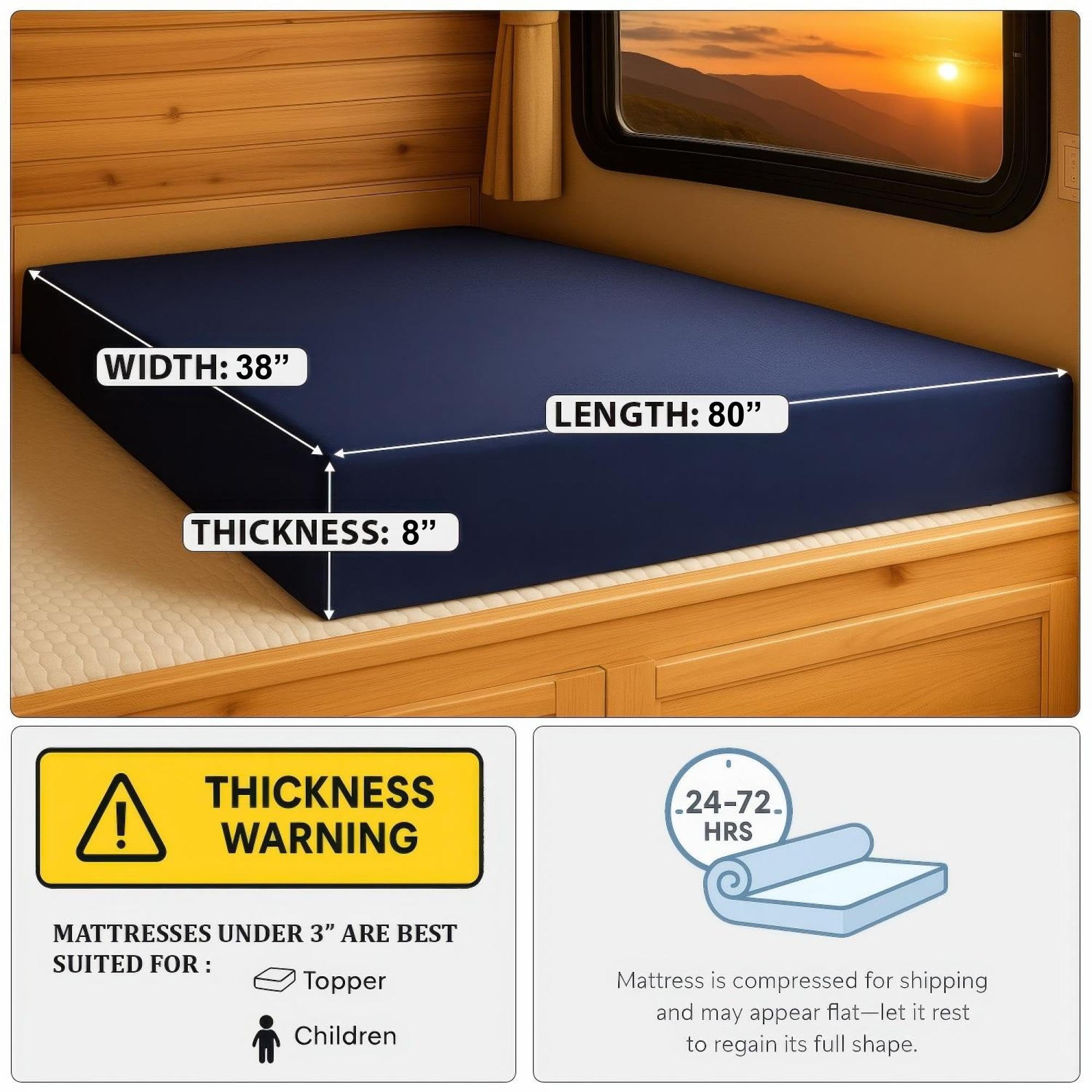 Foamma 8” x 38” x 80” Water Resistant Gel Memory Foam RV Bunk Mattress, Firm High Density Foam Base, Comfortable and Durable Polyester Cover, Truck, Camper, Travel Trailer, Made in USA