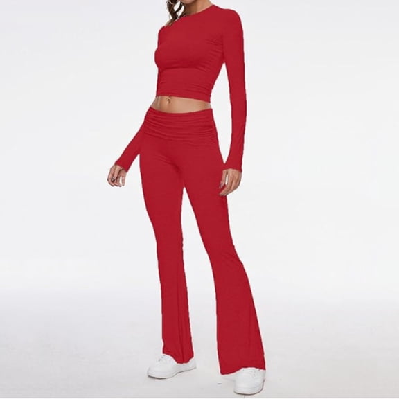 Women's 2 Piece Sets Fold Over Flare Pants Set Long Sleeve Cropped Top Casual Outfits Pajamas Women Snow Pants Bib Wedding Pant Suits Womens Snowboard Bibs Women's Suits for Work Suit Dress for Women