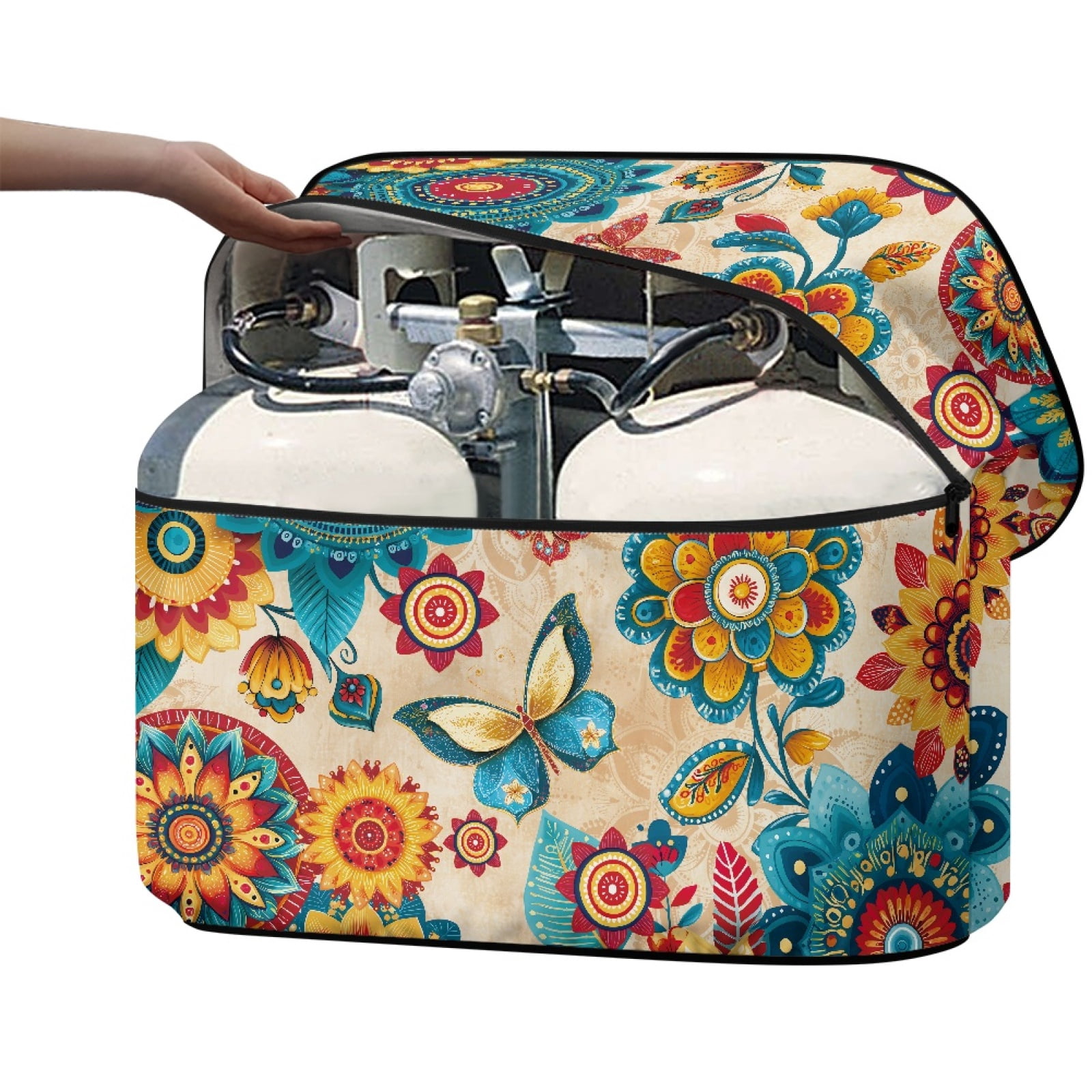 Yuyamidu Butterfly Flowers RV Propane Tank Cover Fit for Dual 20lb Tanks, Waterproof Propane Tank Cover Tavble, Durable Gas Cylinder Protection for RV/Trailer/Camper