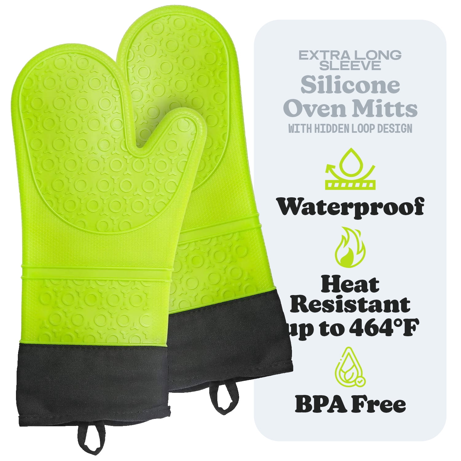 BPA-Free Soft Silicone Oven Mitts - Ultra Heat Resistant Oven Mitts with Thick Cotton Liner - Extra Long Slip Resistant Pot Holders, Flexible Oven Gloves - Green 14.7"