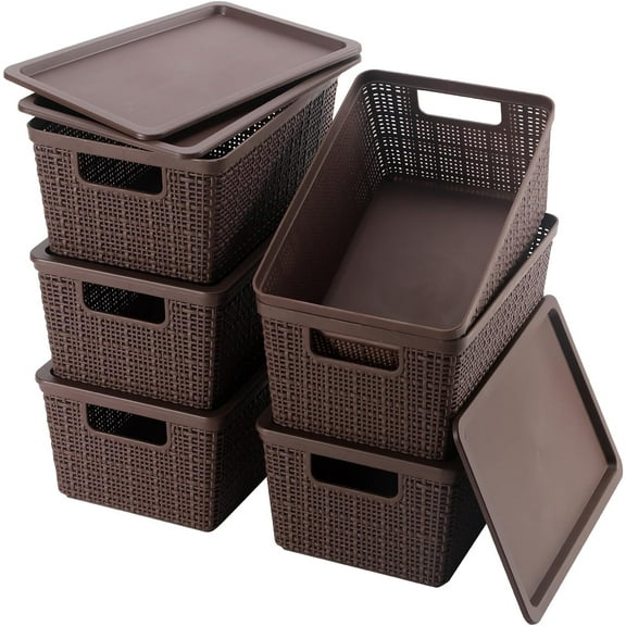 6 Pack Plastic Storage Baskets with Lid,Brown Stackable Bins