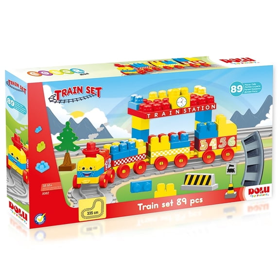 Dolu: Train Set - 89 Pcs - Blocks Assembly Station & Tracks, Yellow-Red-Blue, Push Train, Interactive Brick Building Toy, Toddler & Kids Ages 18mo 
