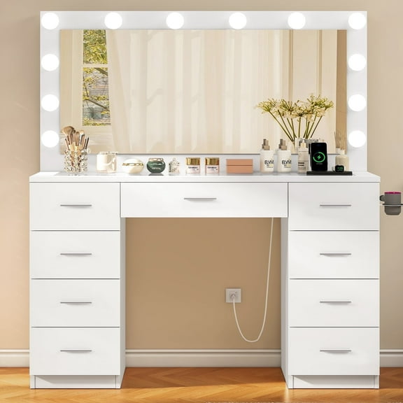 TEENFON 46" Vanity Desk with Large Lighted Mirror and Power Outlet, Makeup Vanity with 9 Drawers and Glass Desktop, Vanity Table for Bedroom, White