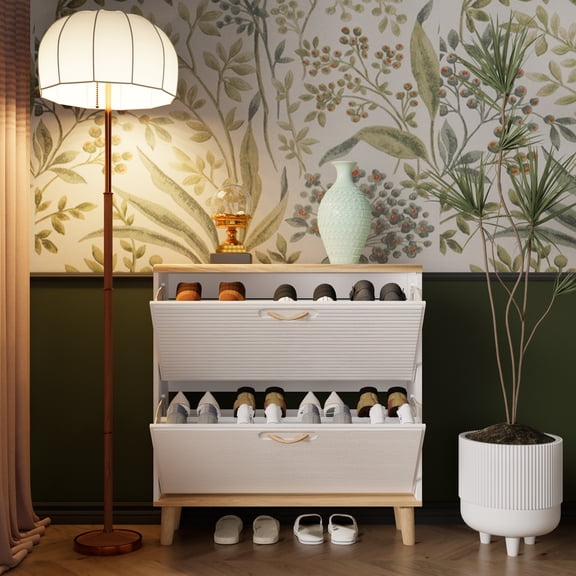 Shoes Storage Cabinet for Entryway,Narrow Shoe Rack Cabinet,Shoe Cabinet with 2 Flip Drawers,Freestanding Shoe Organizer with Natural Wood Legs,Slim Entryway Storage Organizer for 8-16 Pairs