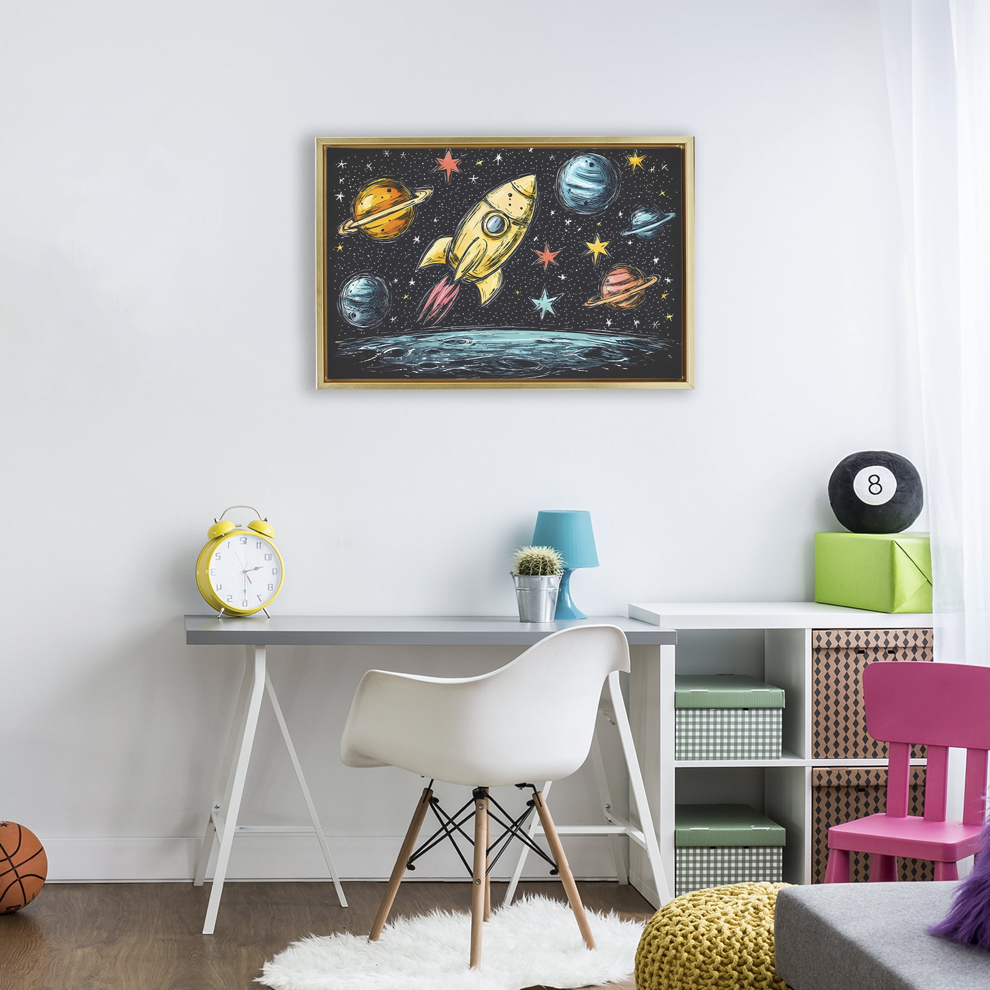 Stupell Industries Whimsical Rocket & Planets Gold Framed Floater Canvas Wall Art, design by Creative Studio