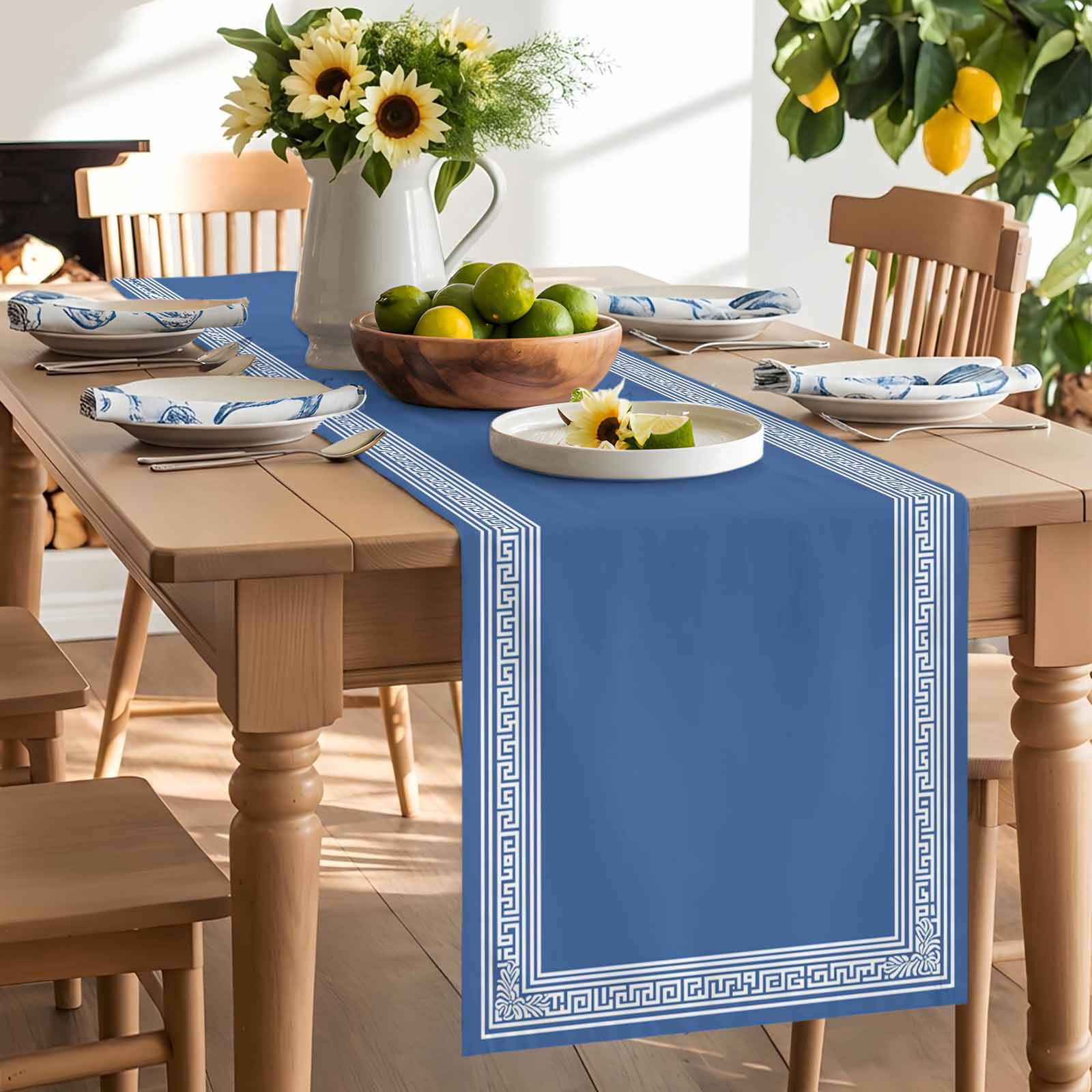 Blue Back Pattern Retro Greece Table Runner 90 Inches Long, Abstract Geometric Texture Table Runners Tabletop Scarf Kitchen Dining Tables Decoration for Home Party Indoor Outdoor