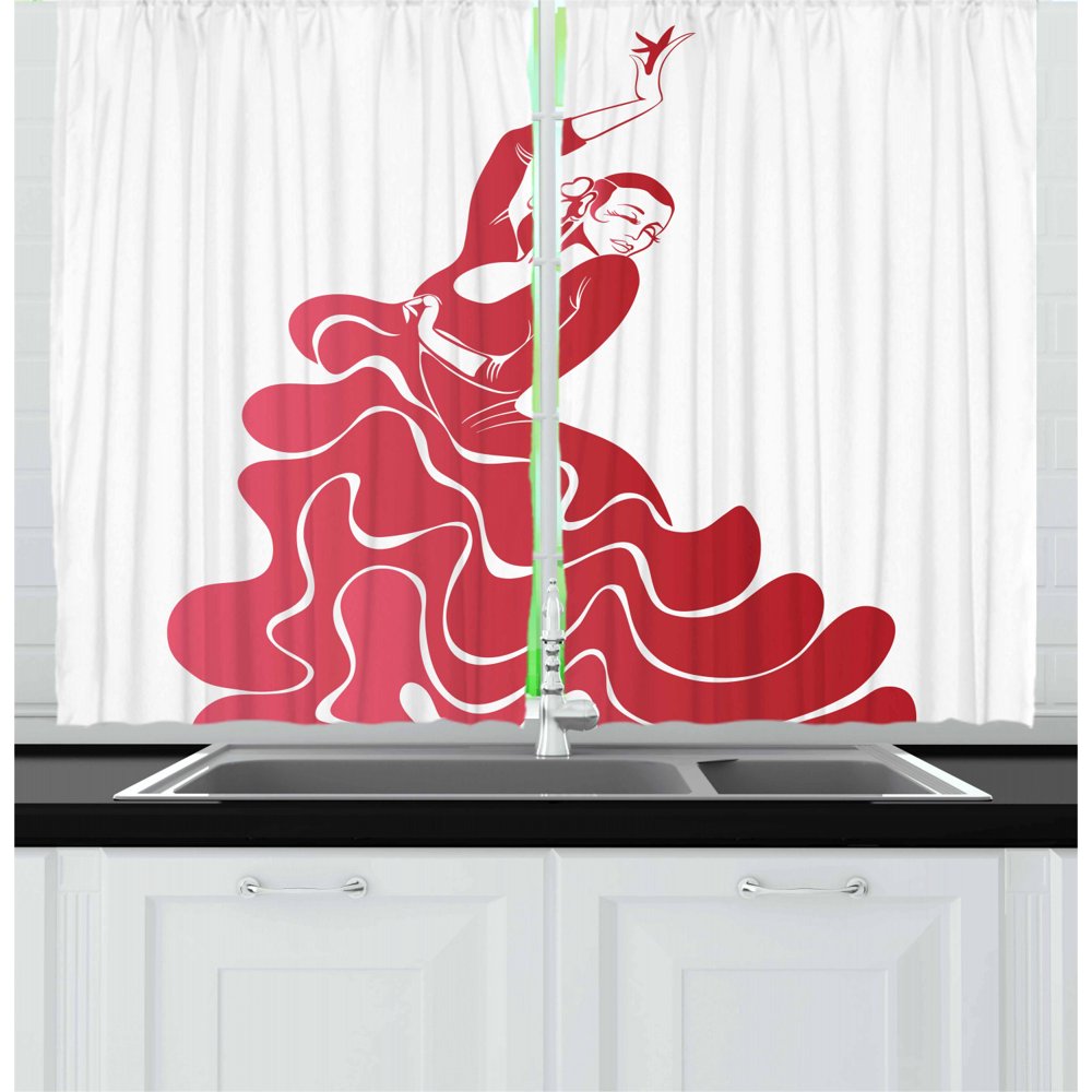 Spanish Curtains 2 Panels Set, Flamenco Lady Performing Historical