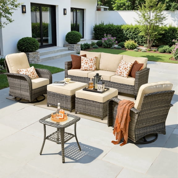 XIZZI 6-Pieces Wicker Patio Furniture Sets, Outdoor Furniture Sectional Sofa with Swivel Chairs, ottomans, All-Weather Rattan Outdoor Conversation Set for Porch, Patio, Backyard-Beige