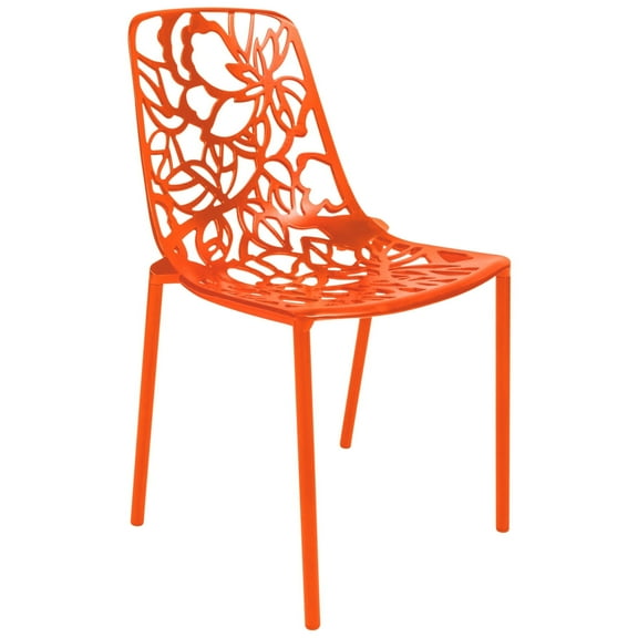 LeisureMod Stackable Dining Chair in Aluminum with Stackable and Floral Cutout Design Indoor Outdoor Use No Assembly for Modern Home, Kitchen, Patio Devon Collection in Orange