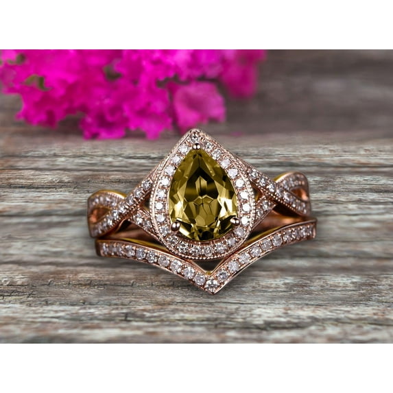 2.50 Carat 8x5mm Pear Shape Champagne Diamond Moissanite Ring Set On 10k Rose Gold Halo Bridal Ring Promise Ring Twisted Across Design Halo Milgrain Art Deco