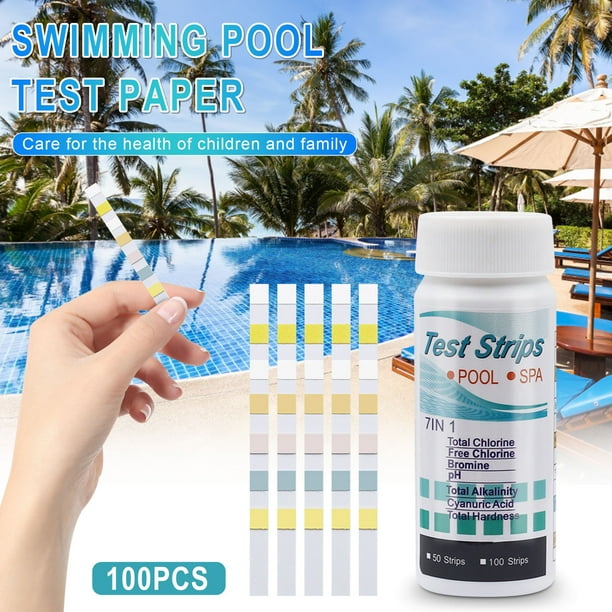 Hxlamzoo Pool Test Strips 7-in-1, 100 Quick and Accurate Pool and Hot Tub Test Strips - Pool Water Testing Kit for pH, Hardness,etc