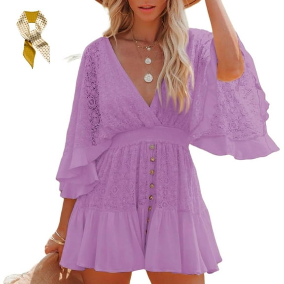 Women's Lace Crochet Romper Dress,Batwing Sleeve Backless Ruffle Dresses,Buttons Down Swing Beach Dress