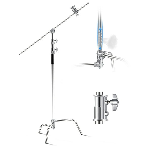 VEVOR C Stand with Boom Arm, Max Height 10.83 ft/330 cm, Stainless Steel Heavy Duty Photography Light Stand with 4.8-9.8 ft Adjustable Height, 2 Grip Head for Studio Monolight, Softbox, Reflector