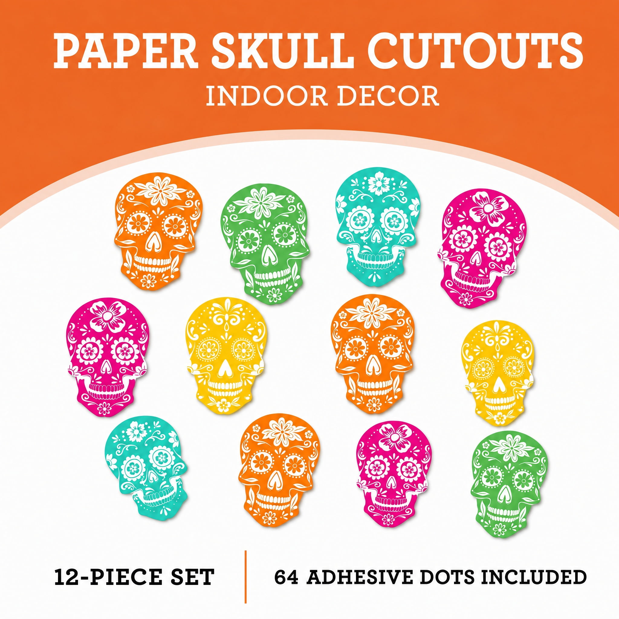 Paper Skull Cutouts Decoration, Multicolor, 12 Pieces, Halloween by Way To Celebrate