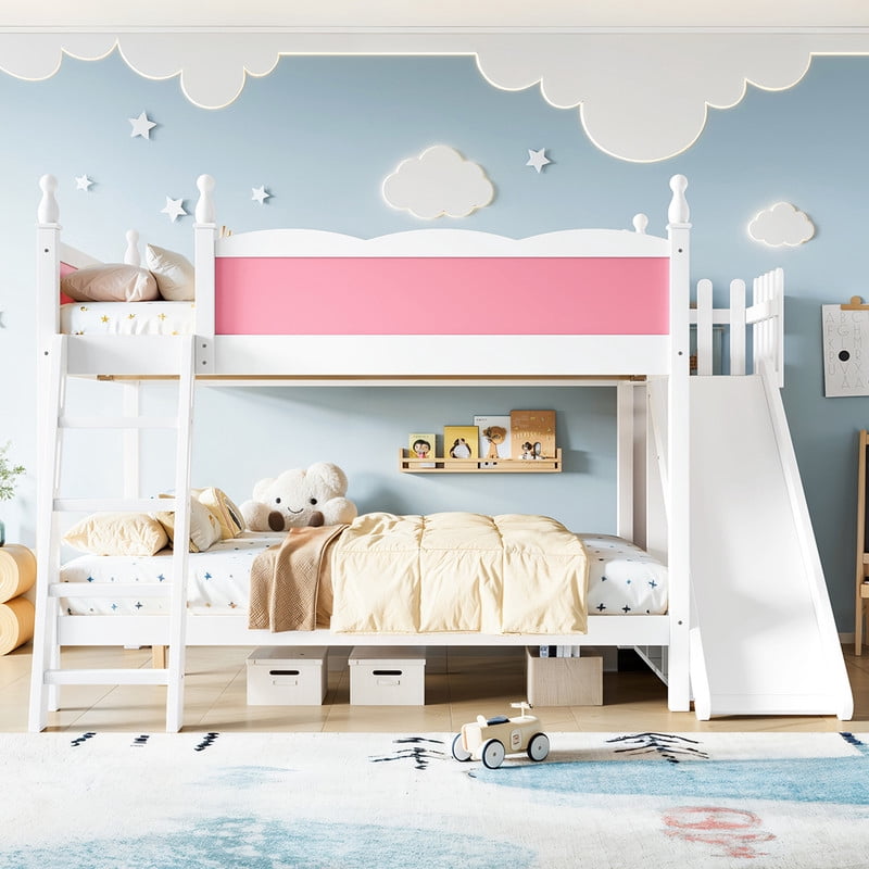 Full-Over-Full Size Kids Bunk Bed with Open Storage Shelves & Small Wardrobe, Wooden Princess Bed Frame with Ladder & Slide