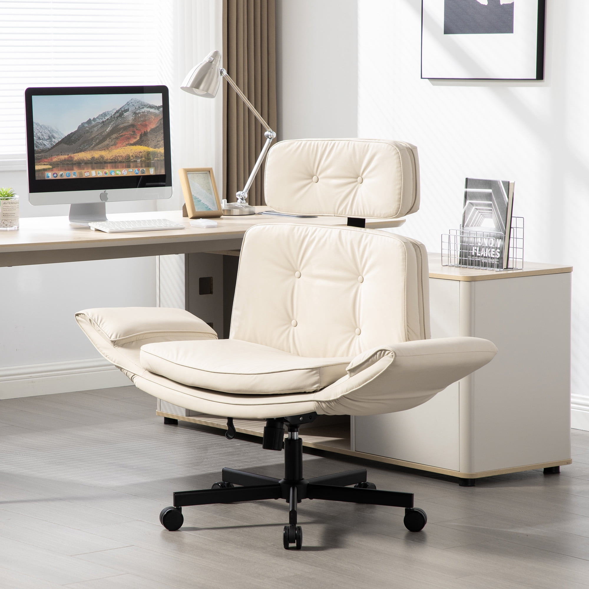 Mintazer Criss Cross Desk Chair with Armrests and Wheels, PU Leather Vanity Chair with Adjustable Swivel & Wide Seat, Office Chairs for Home Office, Make Up, Bedroom, Beige