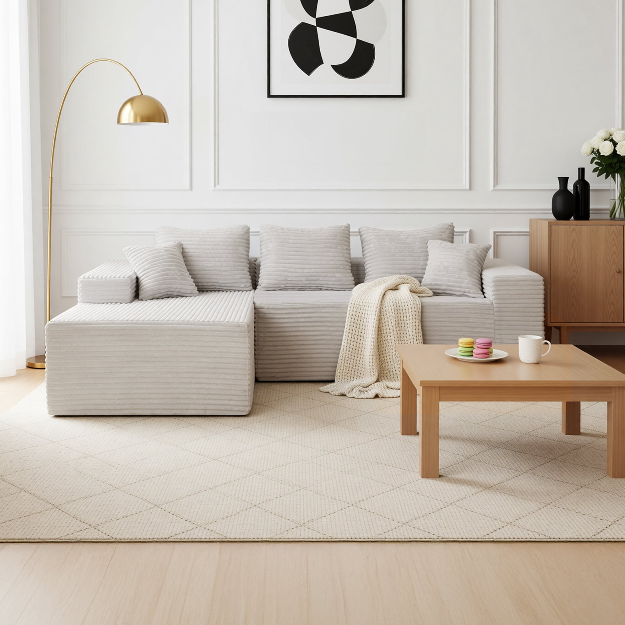 94" Sectional Sofa with Lounge, L-Shape Living Room Cloud Modular Convertible Sleeper Sofa, Corduroy Couch Deep Seat Sleeper Set,Bedroom Reversible Sofa W/Pillows,Beige,Left