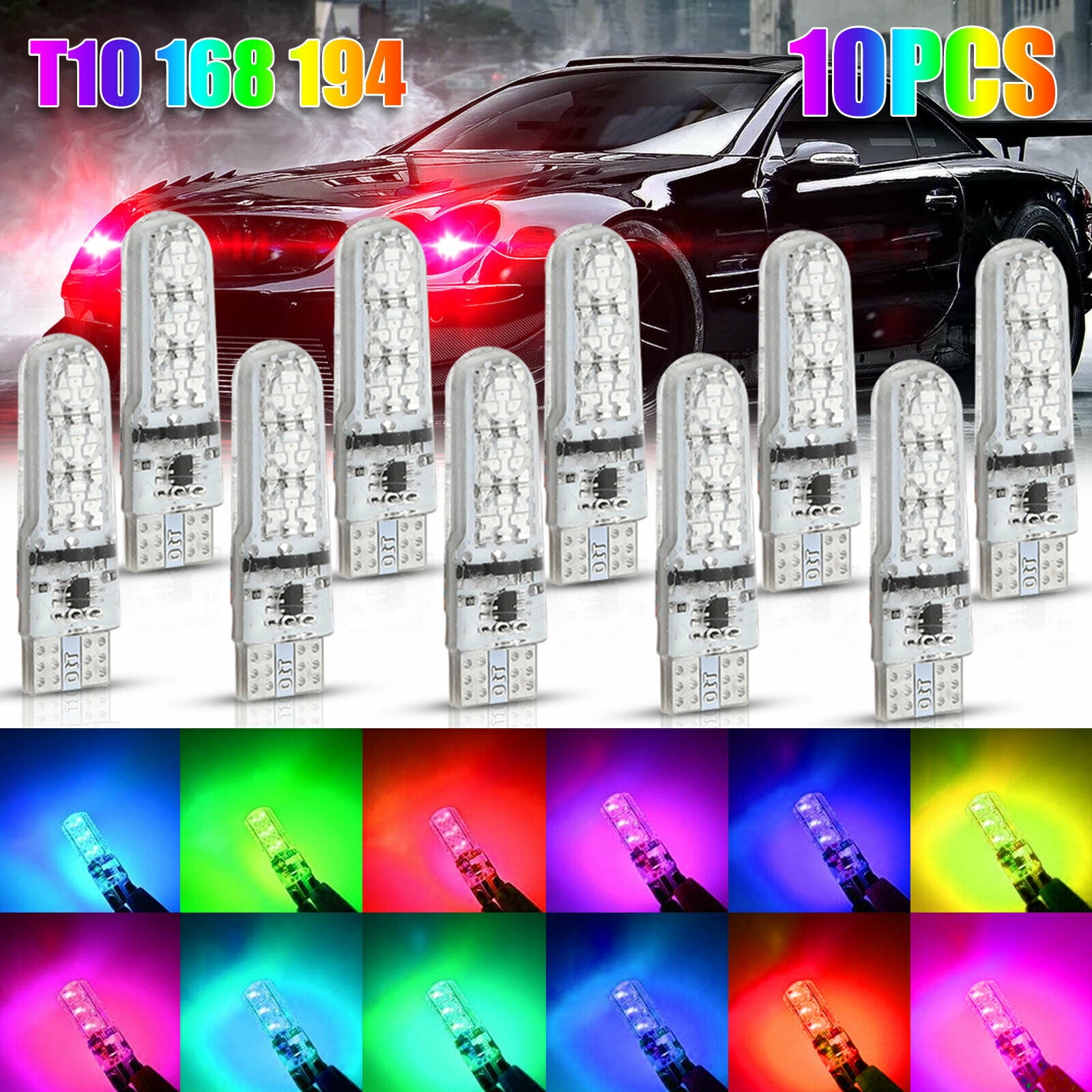 10x MultiColor RGB T10 168 194 LED Bulbs w/RF Remote Control Car