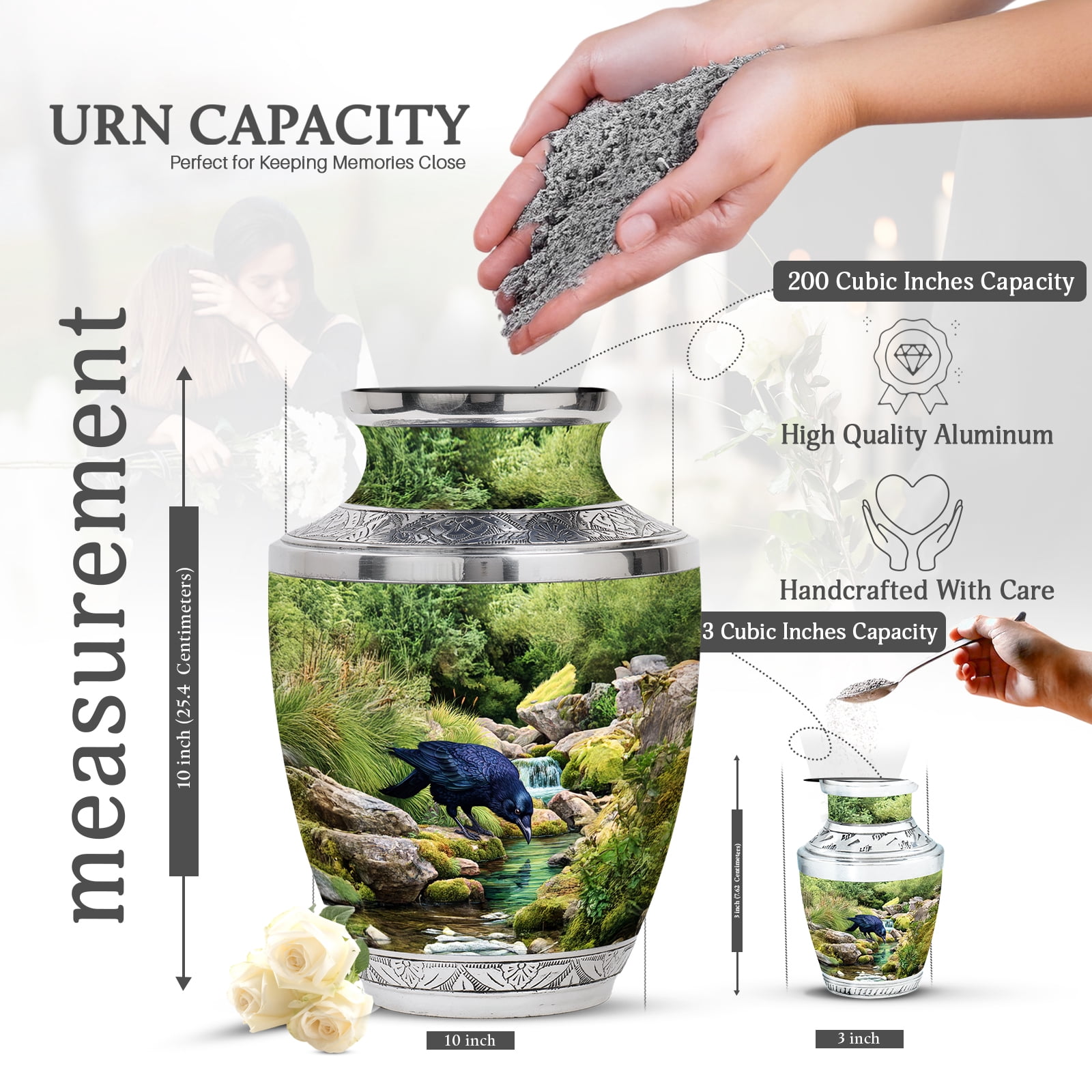 KARYLIZ Crow in Forest Urn For Ashes Adult Female - Mountain Cremation Urns For Human Ashes - Memorial Urns For Man - Decorative Burial Urn For Women - Ash Holders For Mom & Dad - Velvet Bag (10inch)