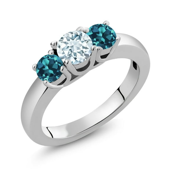Gem Stone King 1.16 Ct Round Sky Blue Aquamarine London Blue Topaz 925 Sterling Silver Classic 3-Stone Ring for Women (Size 8)