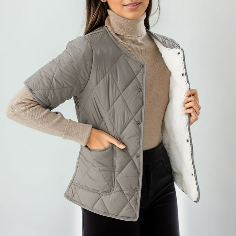 GWAABD Woman Winter Coat Coral Velvet Lining Puffer Padded Coat Lightweight Short Sleeve Quilted Jacket with Pockets Plus Size Crewneck Outerwear Khaki XXXL Walmart