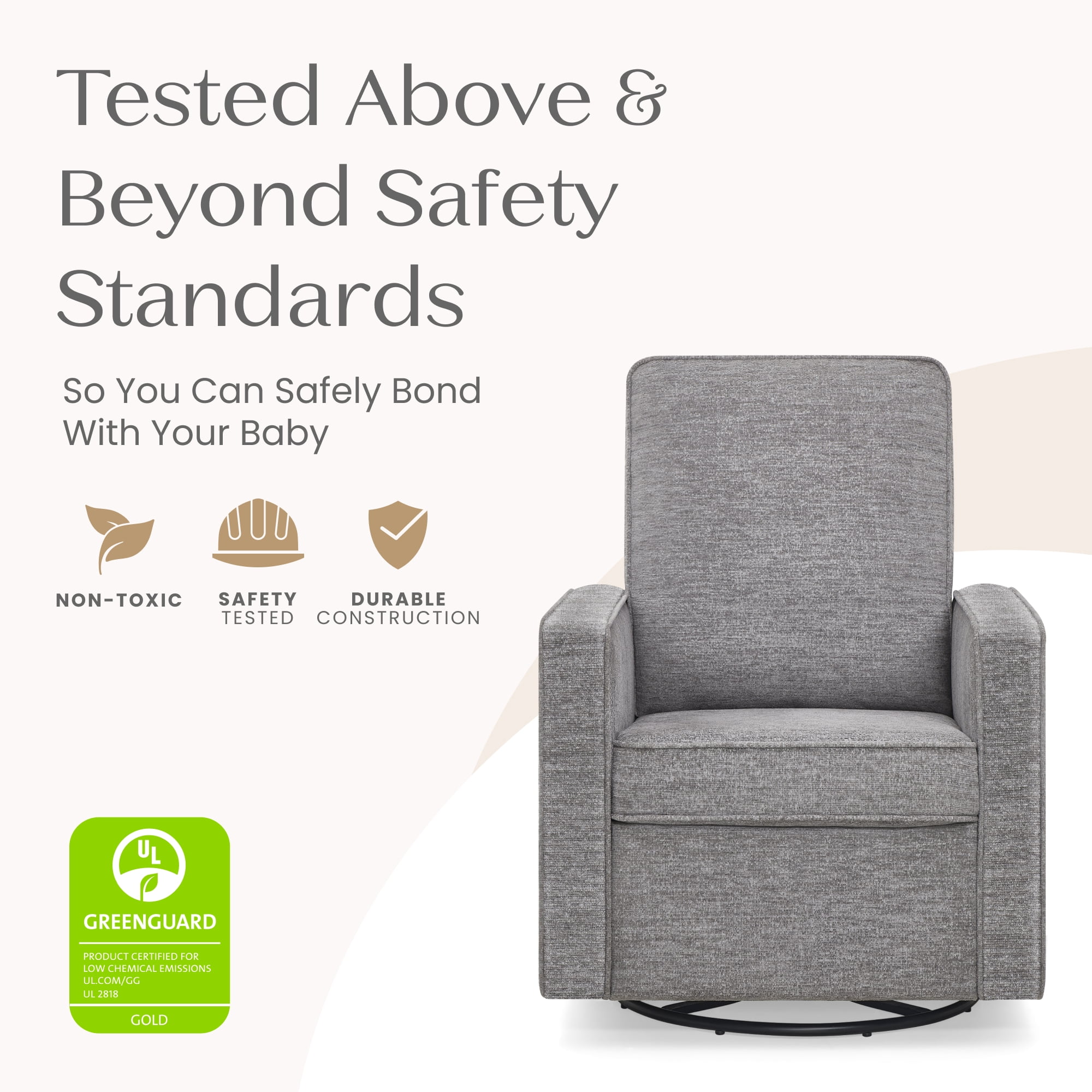 Delta Children Noah Upholstered Swivel Glider with Stain-Resistant Performance Fabric- Greenguard Gold Certified, Frost Grey
