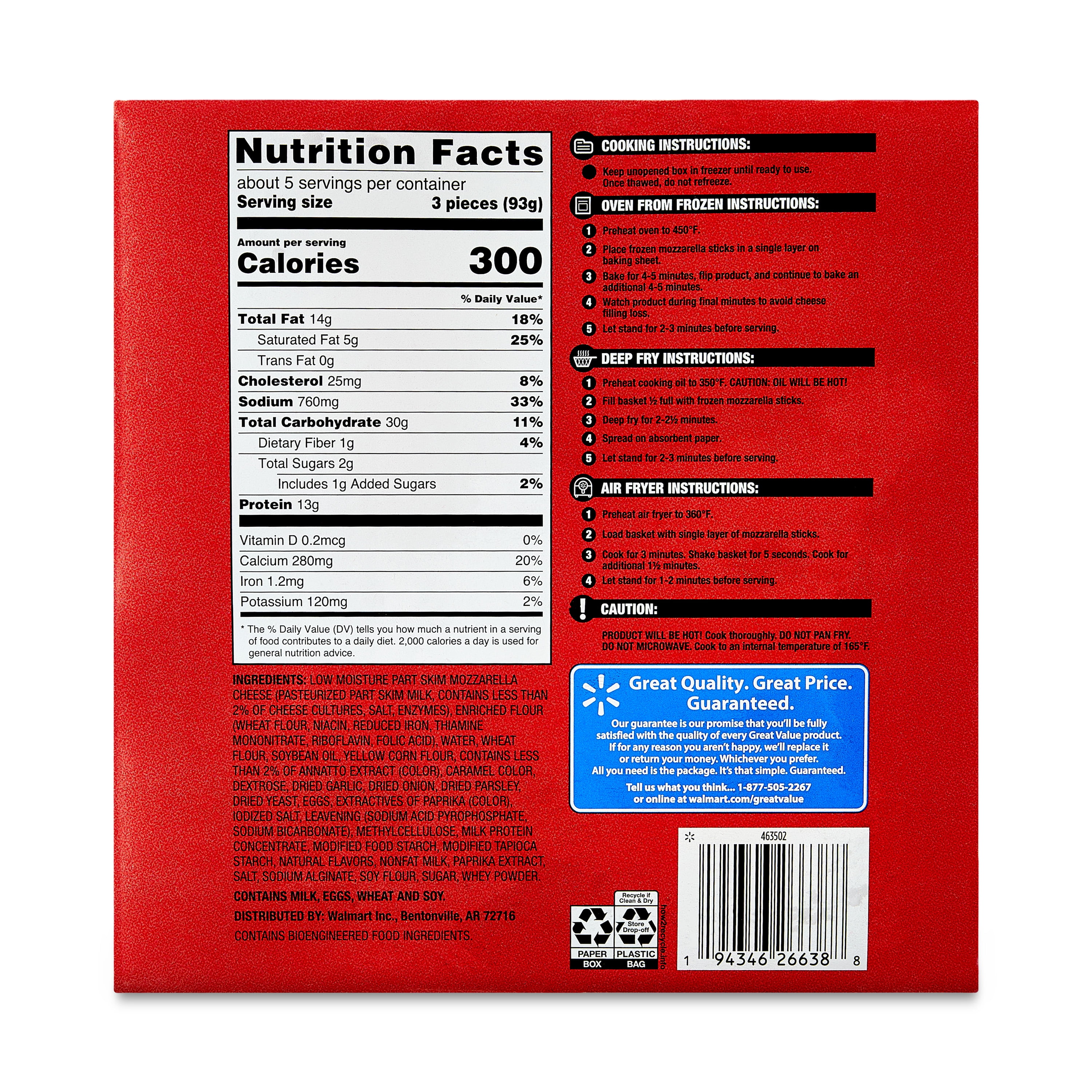 Great Value Mozzarella Cheese Sticks Appetizer, 17.4 oz Carton (Frozen)