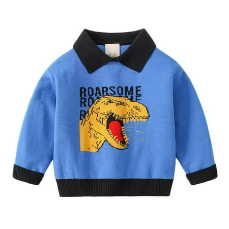 

Patgoal Autumn Spring Kids Boys Knitted Sweater Cartoon Dinosaur Sweatshirts Turn-down Collar Pullover Children Outfits 1-7T