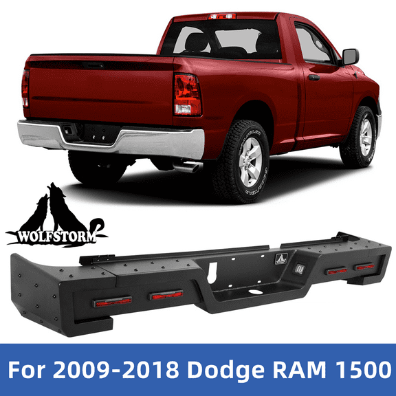 WOLFSTORM For 2009-2018 Dodge RAM 1500 Rear Bumper Powder Coated Steel Black w/LED Lights