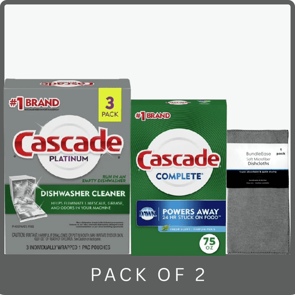 Cascade Complete Dishwasher Detergent Powder Fresh 75 fl oz and Cascade Platinum Dishwasher Cleaner Pods 3 Count with Microfiber Solid Color Dishcloth by BundleEase
