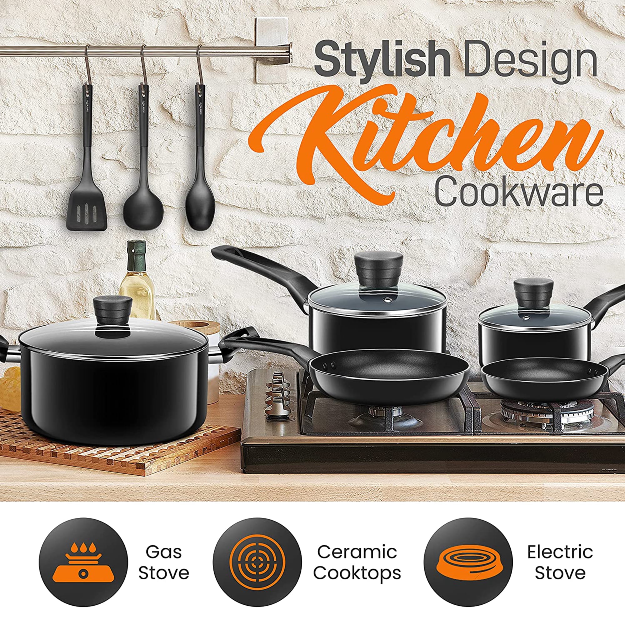 SereneLife 11 Piece Non Stick Pots, Pans, and Utensil Cookware Set, Black