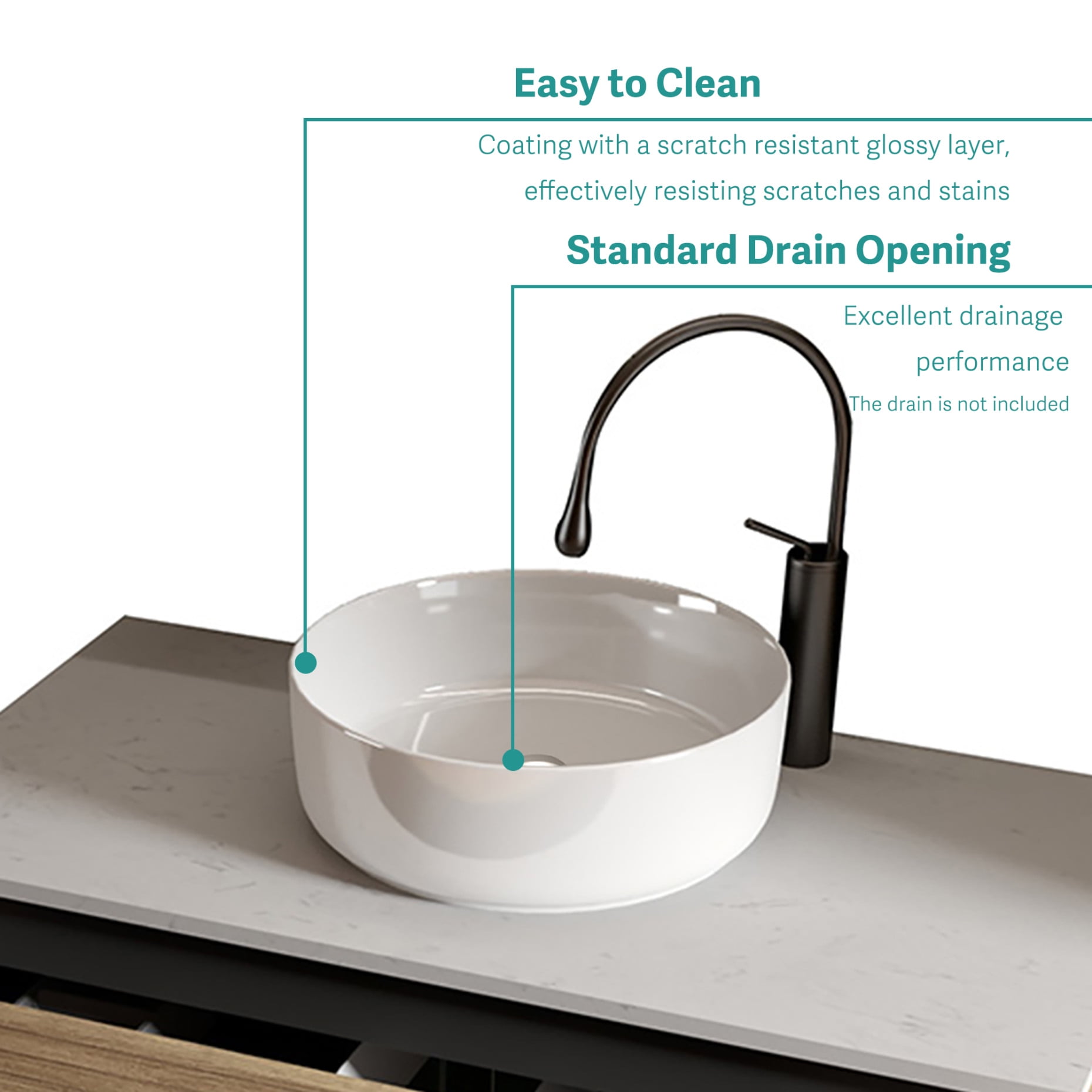Premium Glossy White Ceramic Basin - Durable Kitchen/Bathroom Sink with Heat & Stain Resistance - Easy Clean Surface, Scratch-Resistant Design, Drain Not Included