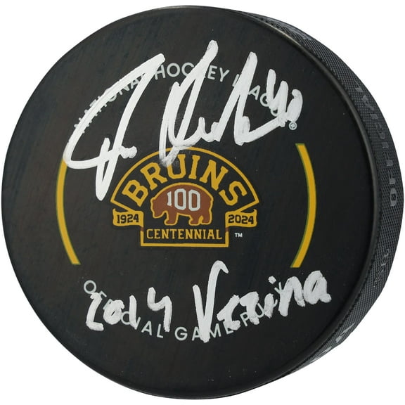 Tuukka Rask Boston Bruins Autographed 100th Anniversary Official Game Puck with "2014 Vezina" Inscription - Fanatics Authentic Certified