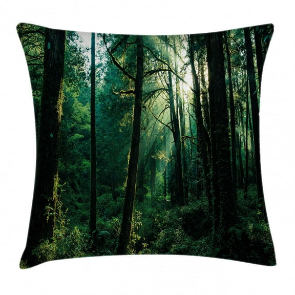 Nature Throw Pillow Cushion Cover, Sunset in Woods Sun Beaming Through Forest Trees Wilderness Scenery, Decorative Square Accent Pillow Case, 24 X 24 Inches, Forest Green Light Yellow, by Ambesonne