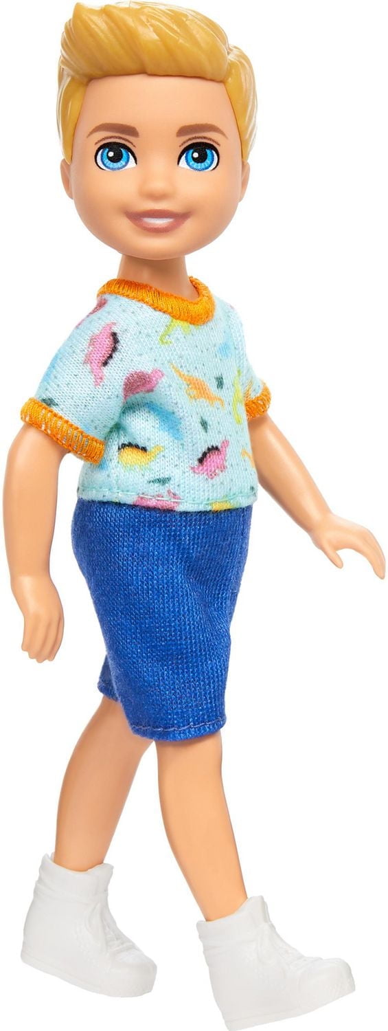 Barbie Chelsea Doll, Small Boy Doll Wearing Removable One-Piece with Dino Print, Blond Hair & Blue Eyes