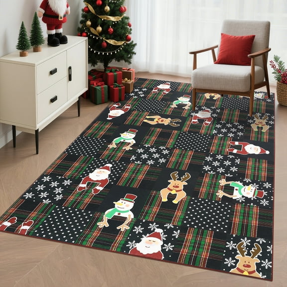 HOMERRY Xmas Rug Plaid Home Decor Carpet Indoor Modern Washable Non-slip Area Rug for Living Room 9' x 12' Black