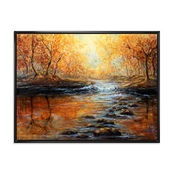 Sunrise Glow In The Autumn Forest 20 in x 12 in Framed Painting Canvas Art Print, by Designart